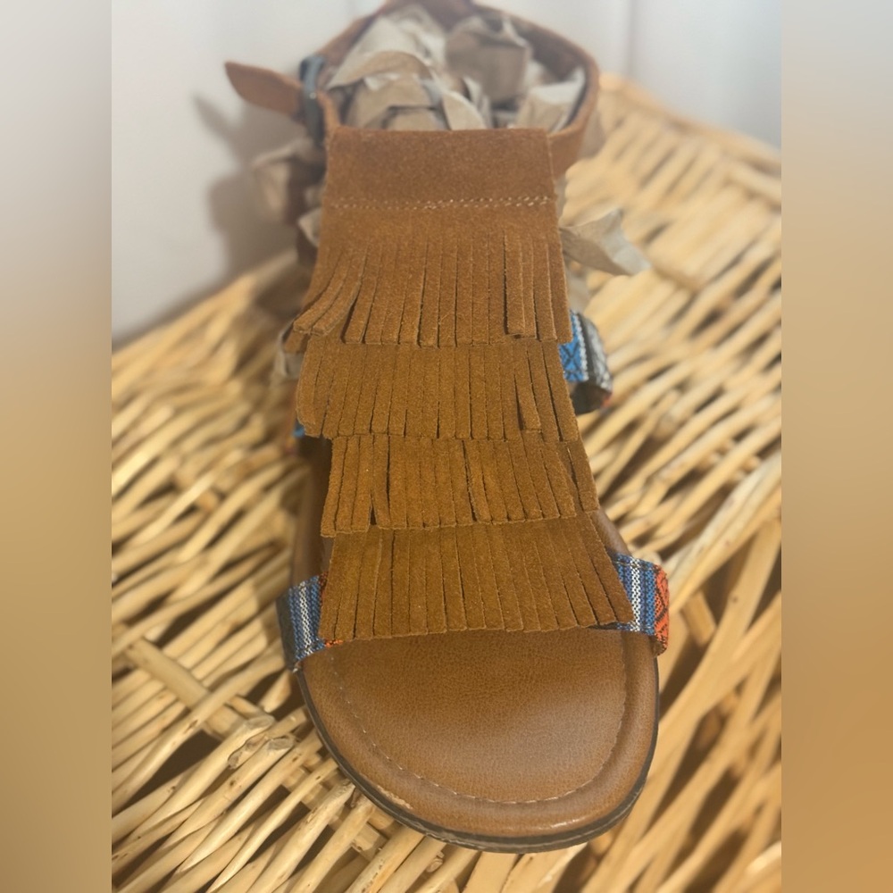Minnetonka Brown Suede Sandal with Multi-Color Patterned Strap
